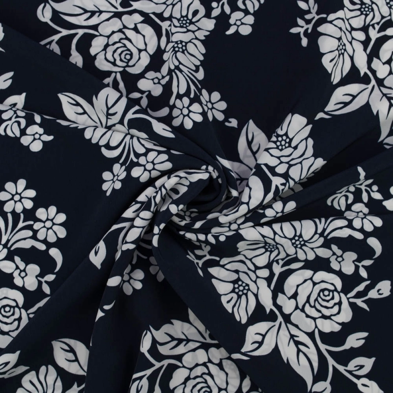 SALE.KLK023 | Crêpe mit weißen Blumen dunkelblau - 2
