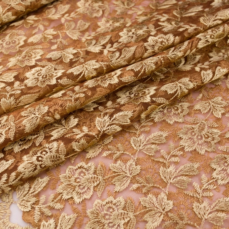 SALE.GIP023 | Guipure-Spitze mit Blumenmuster und Bogenkante dunkel beige-lachs - 1