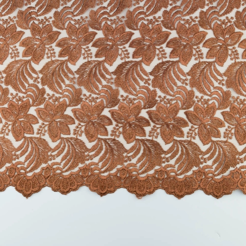 SALE.GIP028 | Guipure-Spitze Blumenmuster und Bogenkante in braun - 5