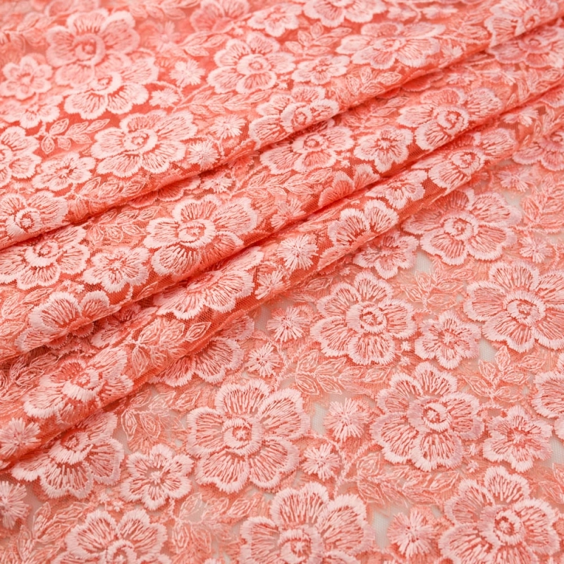 SALE.GIP034 | Guipure-Spitze Blumenmuster und Bogenkante lachs - 1