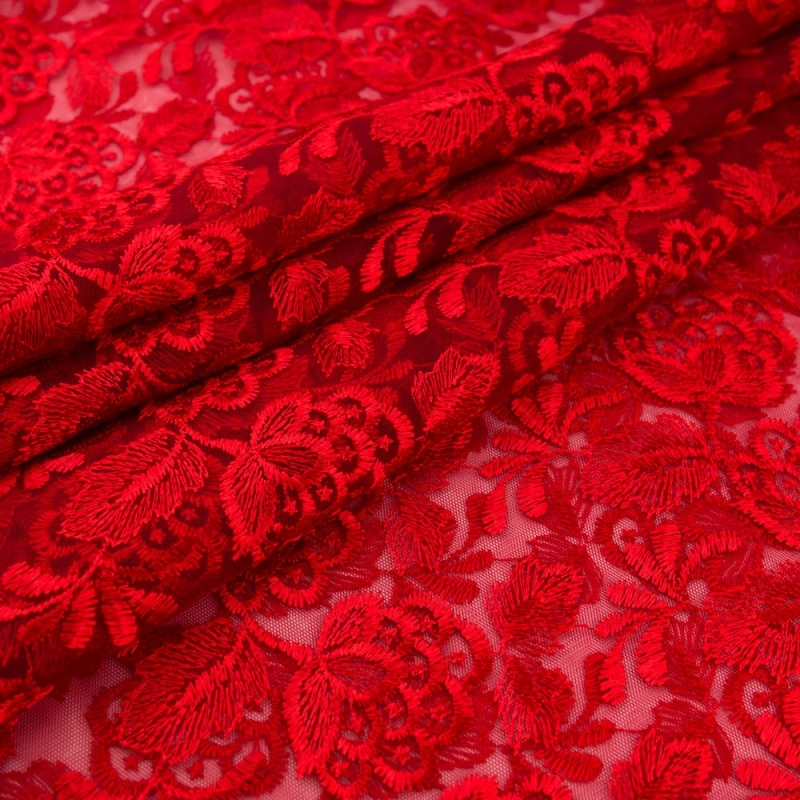 SALE.GIP067 | Guipure-Spitze mit Blumenmuster und Bogenkante rot - 1