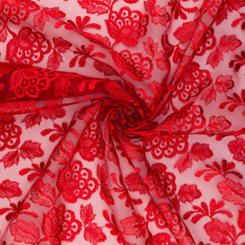 SALE.GIP067 | Guipure-Spitze mit Blumenmuster und Bogenkante rot - 4