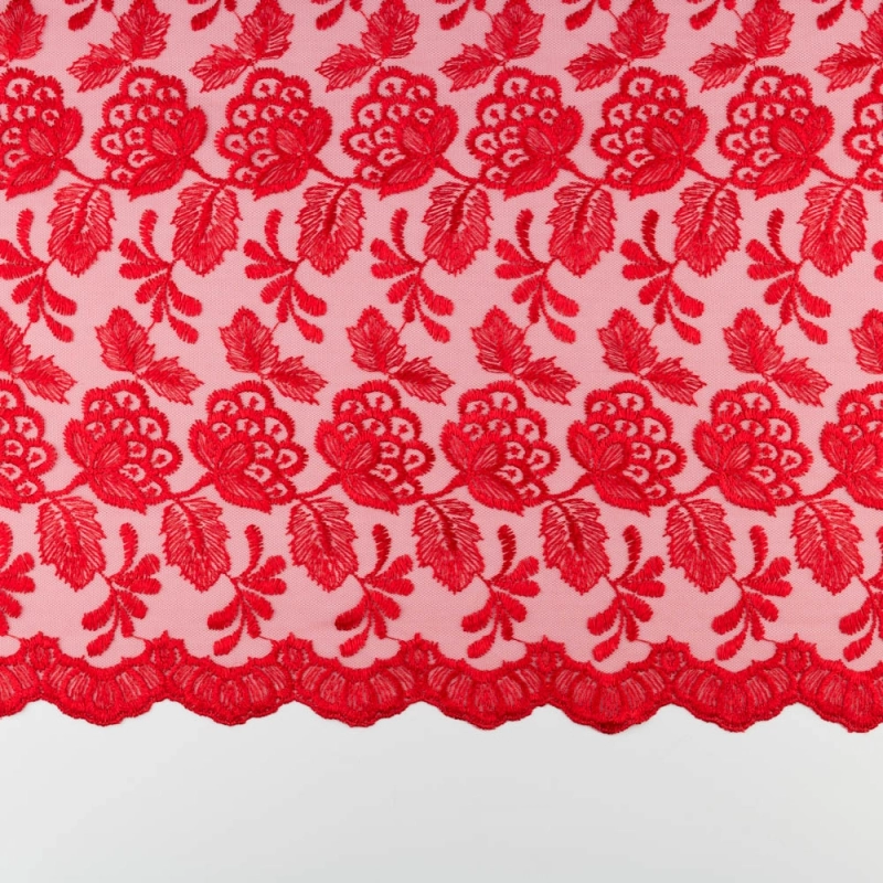 SALE.GIP067 | Guipure-Spitze mit Blumenmuster und Bogenkante rot - 5
