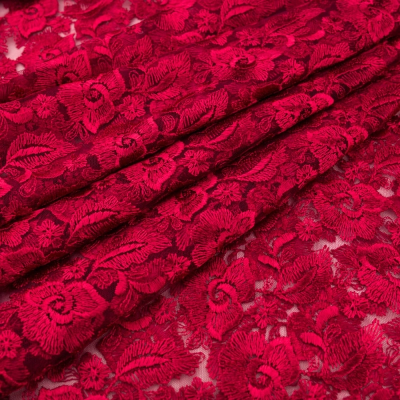 SALE.GIP071 | Guipure-Spitze Blumenmuster und Bogenkante dunkelbeere - 1
