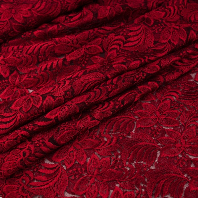SALE.GIP074 | Guipure-Spitze Blumenmuster und Bogenkante bordeauxrot - 1