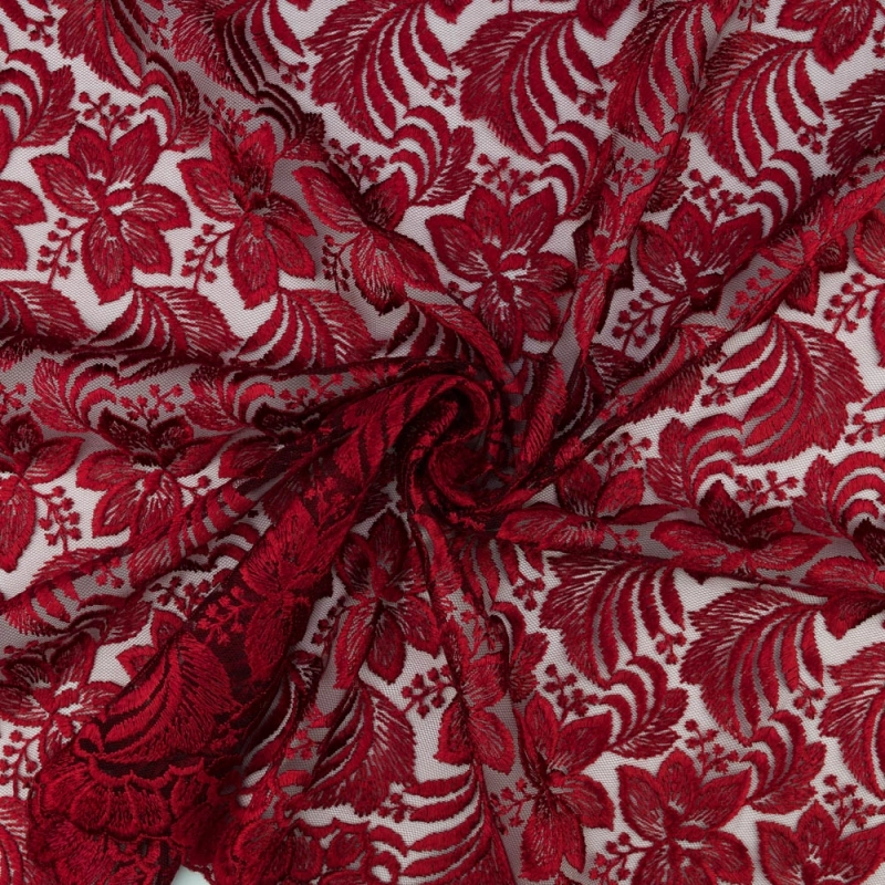 SALE.GIP074 | Guipure-Spitze Blumenmuster und Bogenkante bordeauxrot - 4