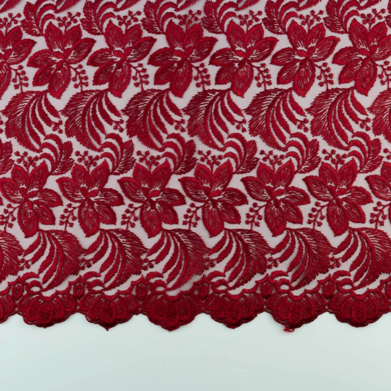 SALE.GIP074 | Guipure-Spitze Blumenmuster und Bogenkante bordeauxrot - 5