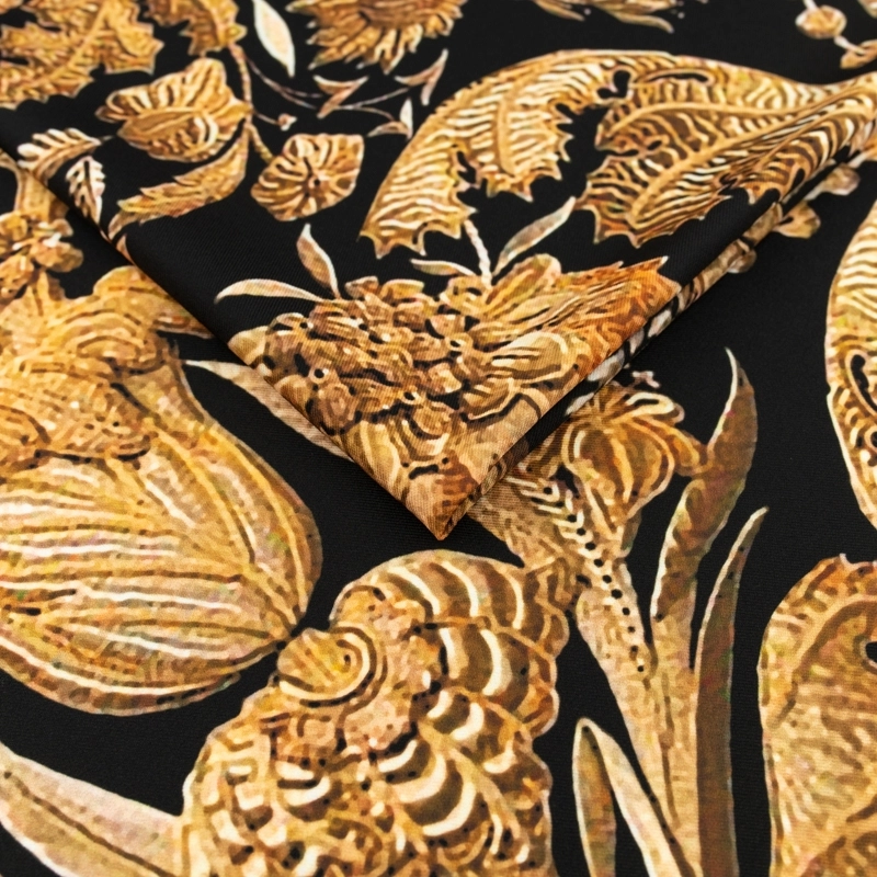 Viskose Twillstoff goldene Blumen schwarz - 4