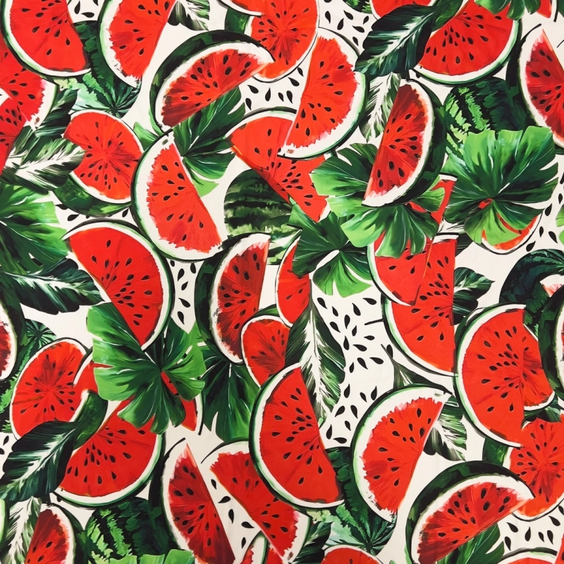 Viskose Twill Wassermelonen und Monstera Blätter - 1