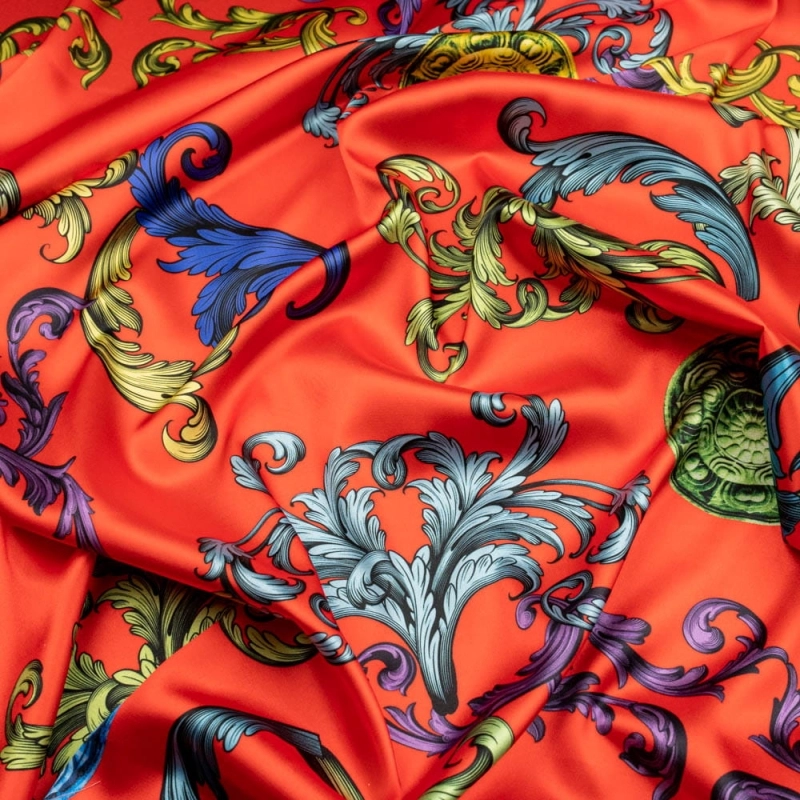 Stretch Satin bunte Ornamente rot - 4