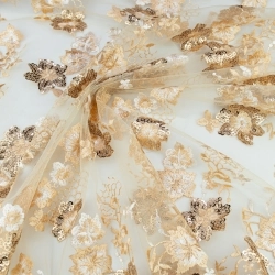 KORS100.362 | Spitzenstoff Blumen, Pailletten und Bogenkante gold - 1