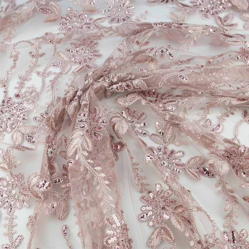KORS100.364 | Spitzenstoff mit Pailletten, Blumen und Bogenkante altrosa - 1
