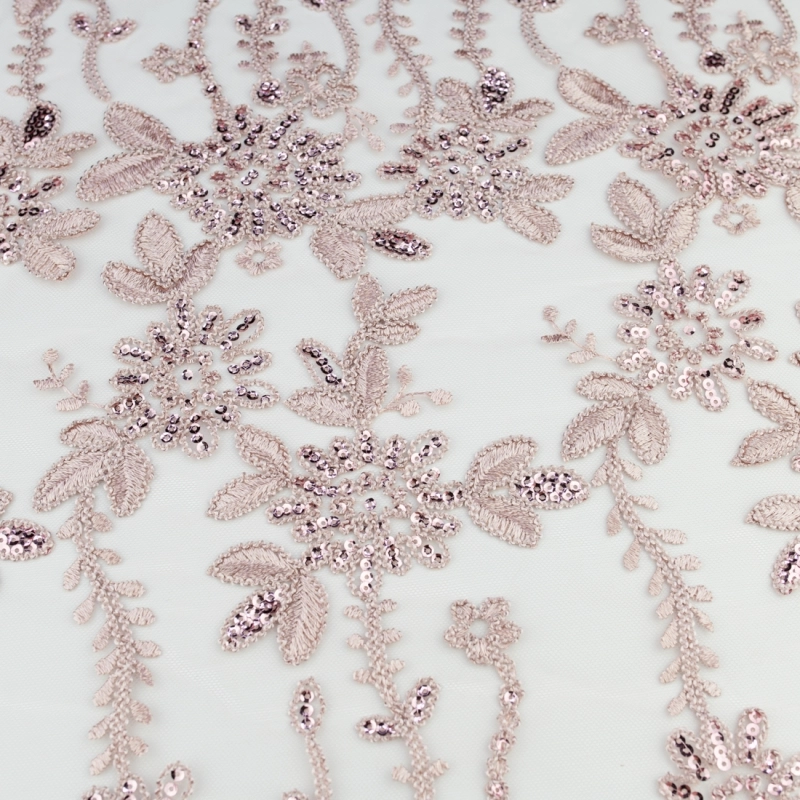 KORS100.364 | Spitzenstoff mit Pailletten, Blumen und Bogenkante altrosa - 3