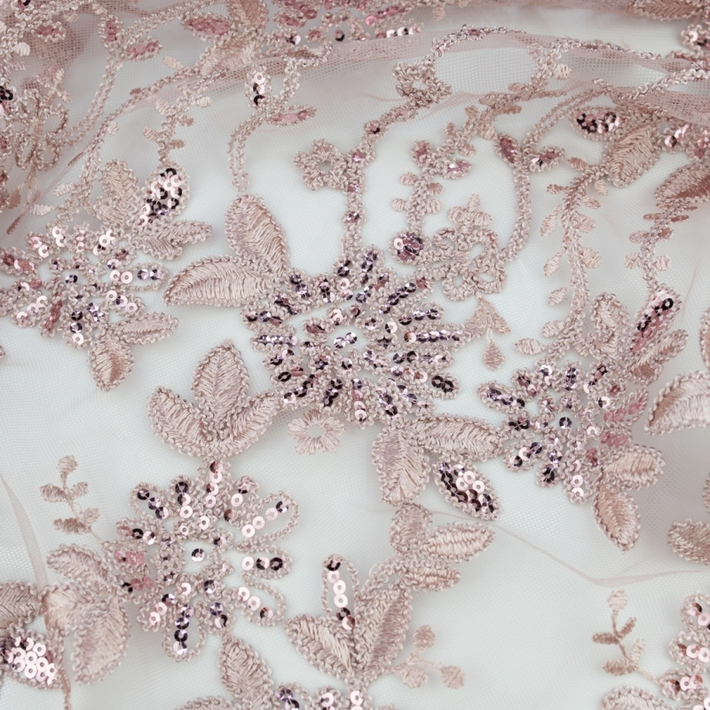 KORS100.364 | Spitzenstoff mit Pailletten, Blumen und Bogenkante altrosa - 4