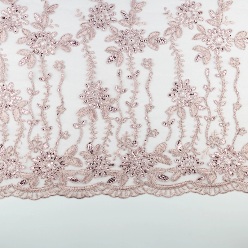 KORS100.364 | Spitzenstoff mit Pailletten, Blumen und Bogenkante altrosa - 5