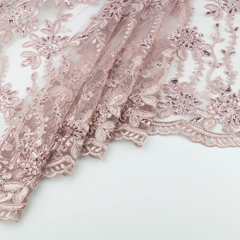 KORS100.364 | Spitzenstoff mit Pailletten, Blumen und Bogenkante altrosa - 6
