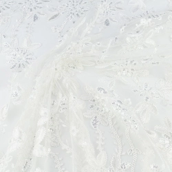 KORS100.365 | Spitzenstoff mit Pailletten, Blumen und Bogenkante weiß - 1
