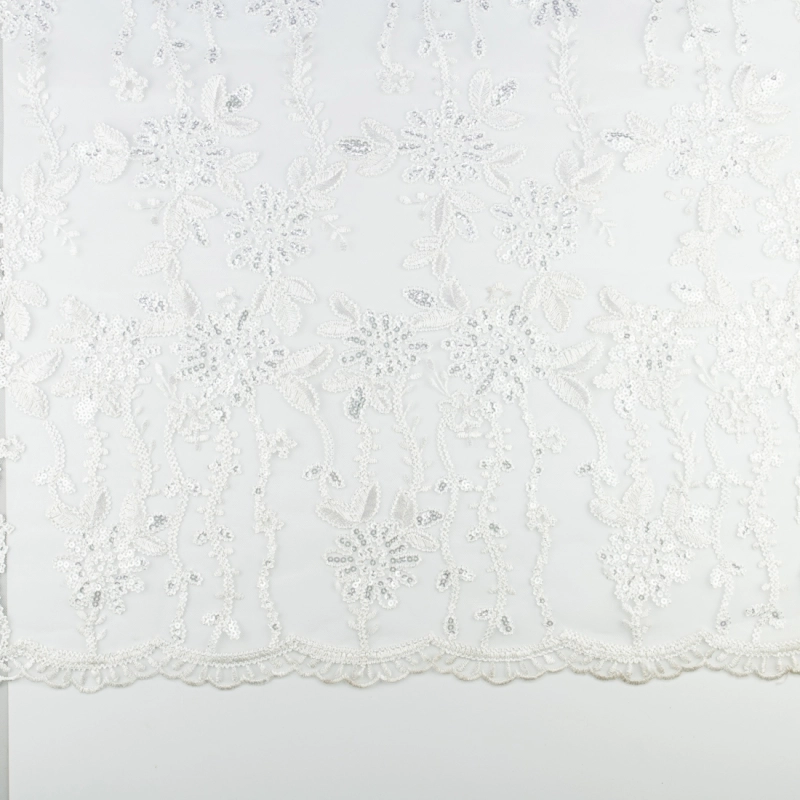 KORS100.365 | Spitzenstoff mit Pailletten, Blumen und Bogenkante weiß - 6