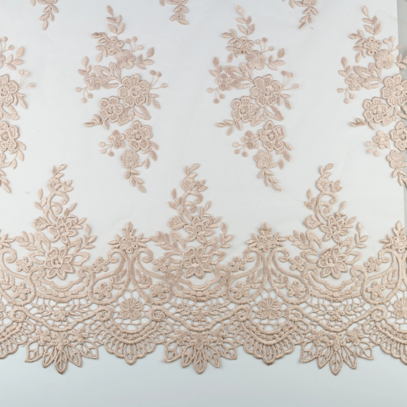 KORS100.370 | Spitzenstoff Blumen und Bogenkante dunkelbeige - 6