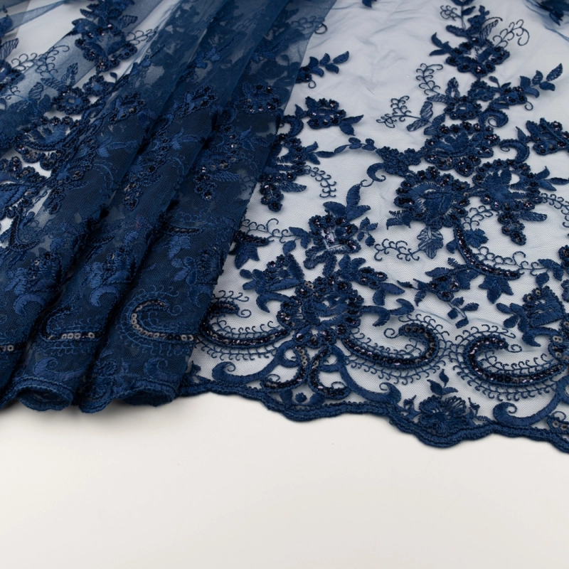 KORS100.393 | Spitzenstoff mit Pailletten, Blumen und Bogenkante navy - 3