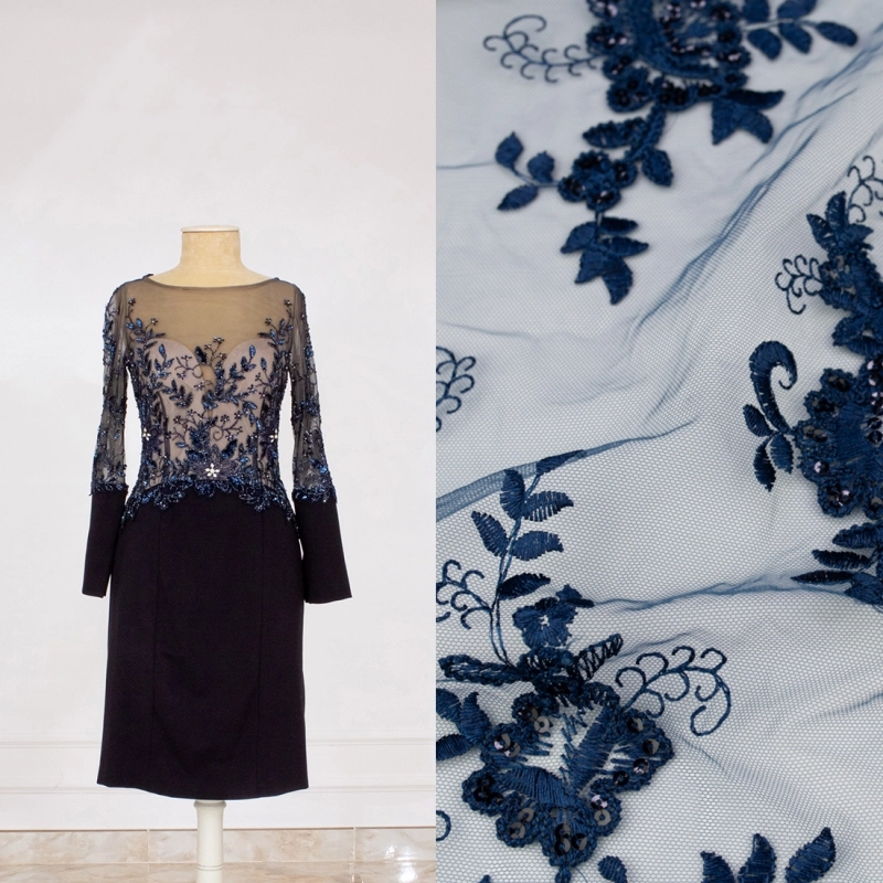 KORS100.393 | Spitzenstoff mit Pailletten, Blumen und Bogenkante navy - 2