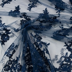 KORS100.393 | Spitzenstoff mit Pailletten, Blumen und Bogenkante navy - 1