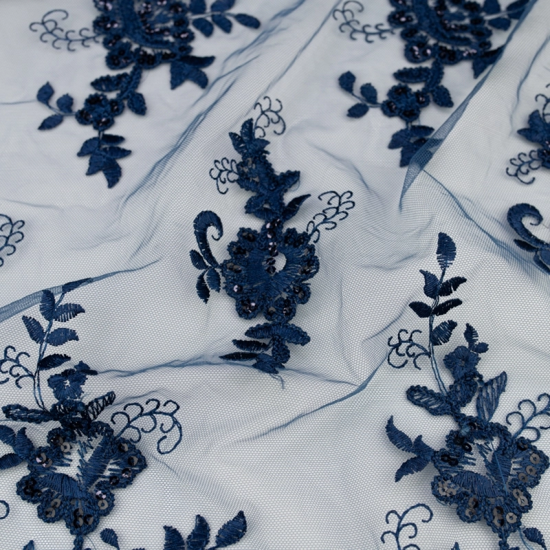 KORS100.393 | Spitzenstoff mit Pailletten, Blumen und Bogenkante navy - 4