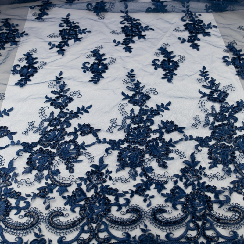 KORS100.393 | Spitzenstoff mit Pailletten, Blumen und Bogenkante navy - 5