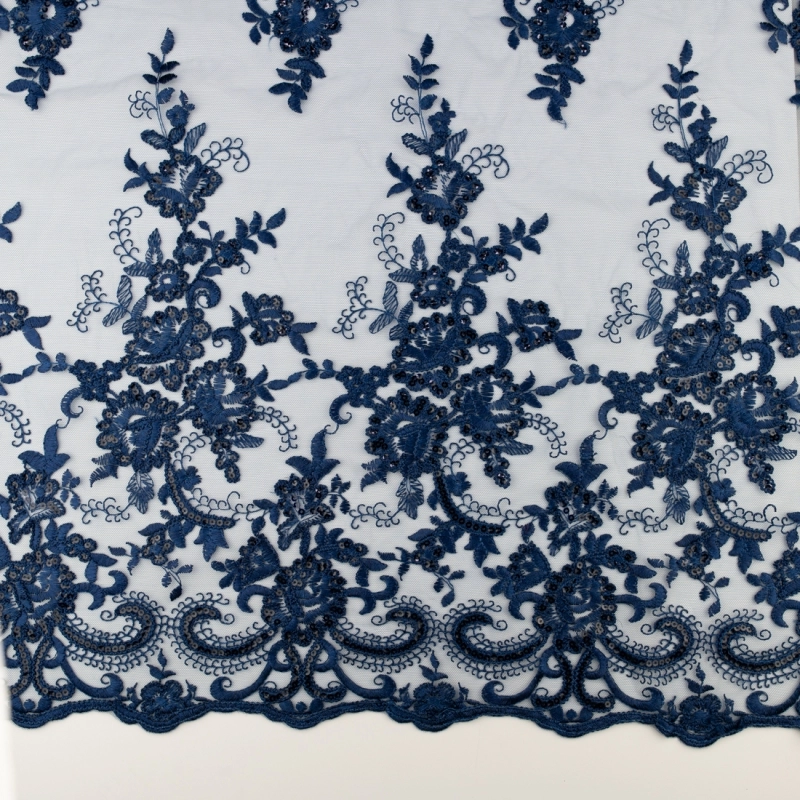 KORS100.393 | Spitzenstoff mit Pailletten, Blumen und Bogenkante navy - 6