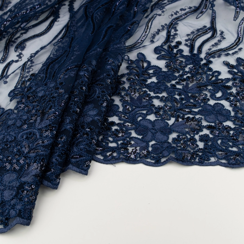 KORS100.395 | Spitzenstoff mit Blumen, Pailletten und Bogenkante navy - 3