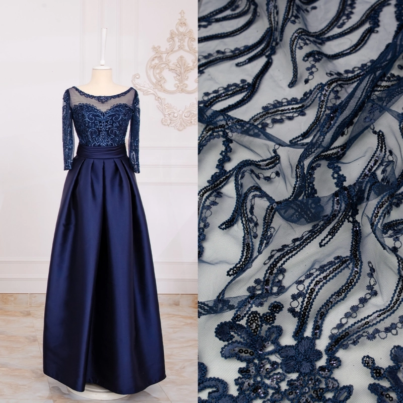 KORS100.395 | Spitzenstoff mit Blumen, Pailletten und Bogenkante navy - 2