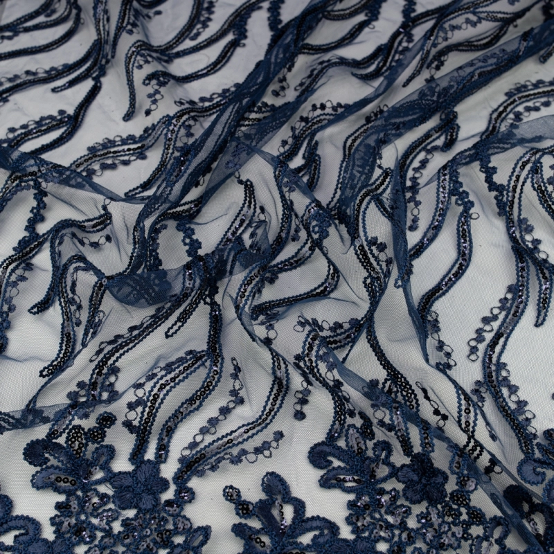 KORS100.395 | Spitzenstoff mit Blumen, Pailletten und Bogenkante navy - 4
