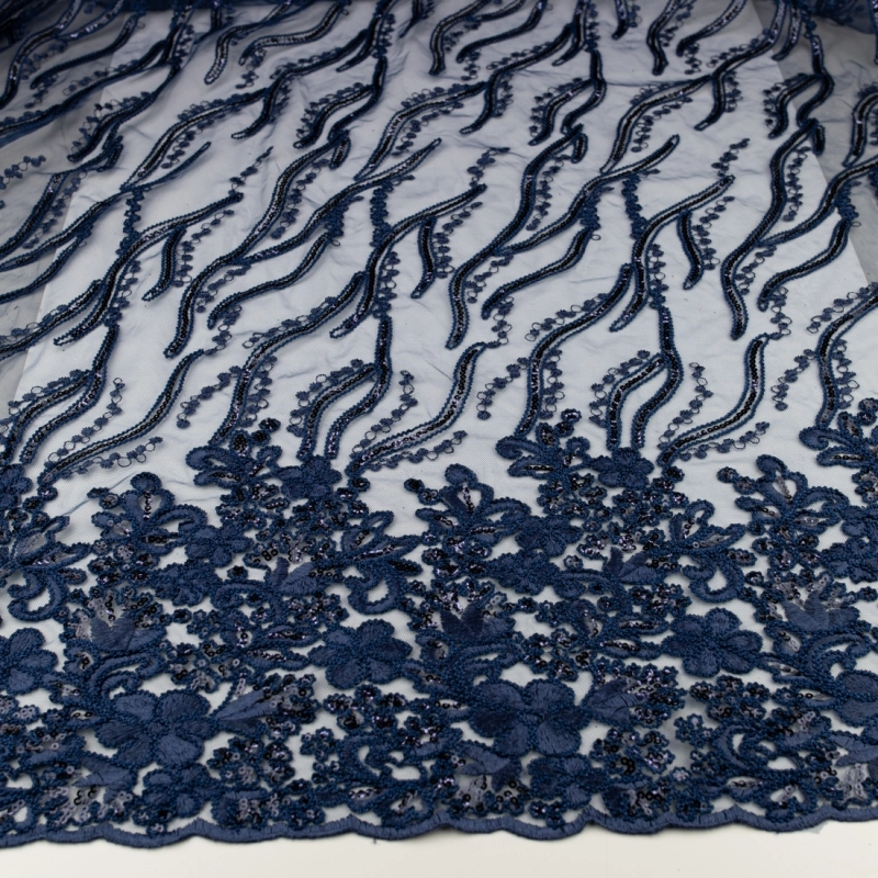 KORS100.395 | Spitzenstoff mit Blumen, Pailletten und Bogenkante navy - 5