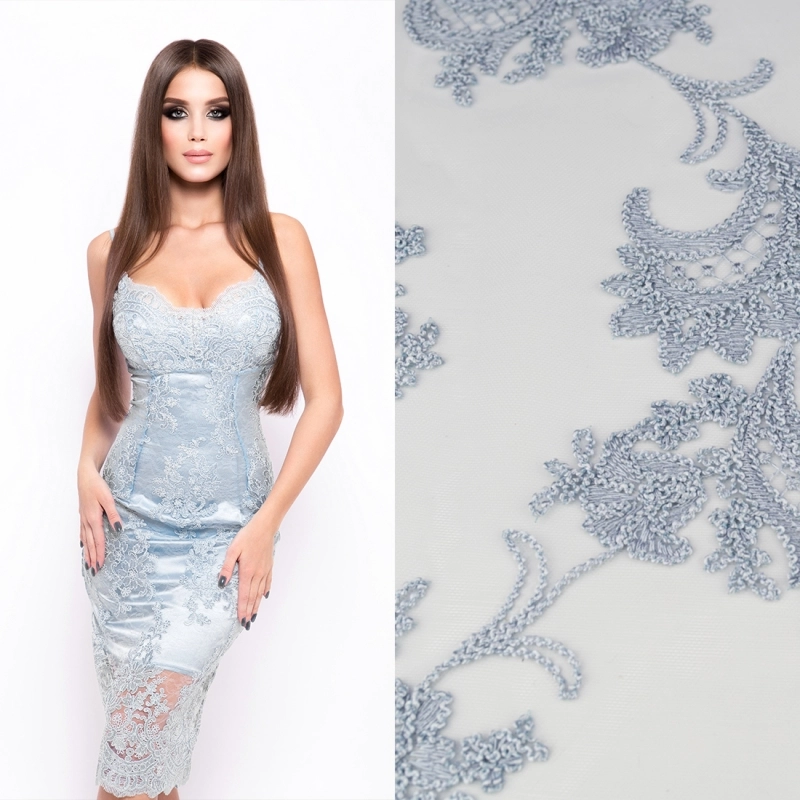 KORS100.401 | Spitzenstoff Blumen, Bogenkante graublau - 2