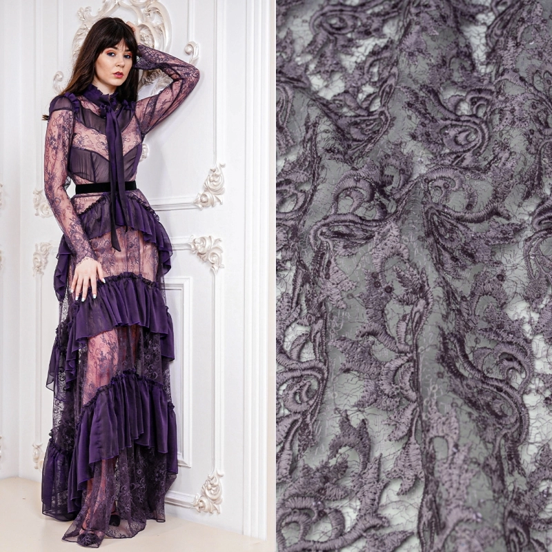 KORS100.406 | Spitzenstoff mit Pailletten und Blumen violett - 2