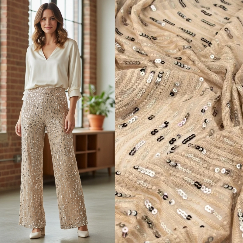 KORS100.253 | Spitzenstoff Wellen mit Pailletten und Bogenkante beige - 2