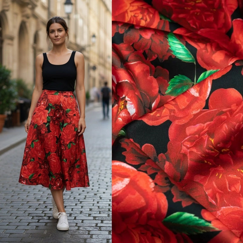 ZS1039.11.C | Stretch Satin rote Blumen schwarz - 2