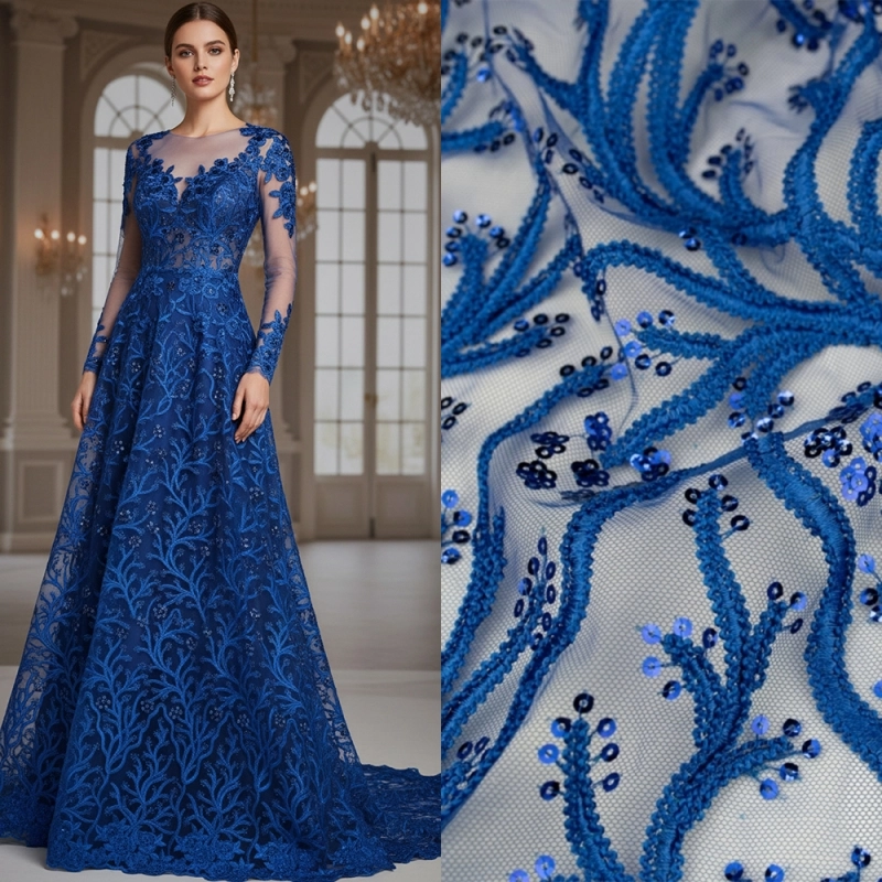 KORS100.403 | Spitzenstoff mit Pailletten und Bogenkante königsblau - 2