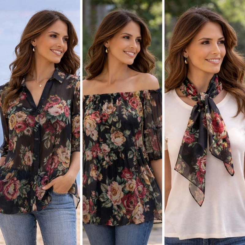 SZYD.132206 | Chiffon gemalte Blumen schwarz - 6