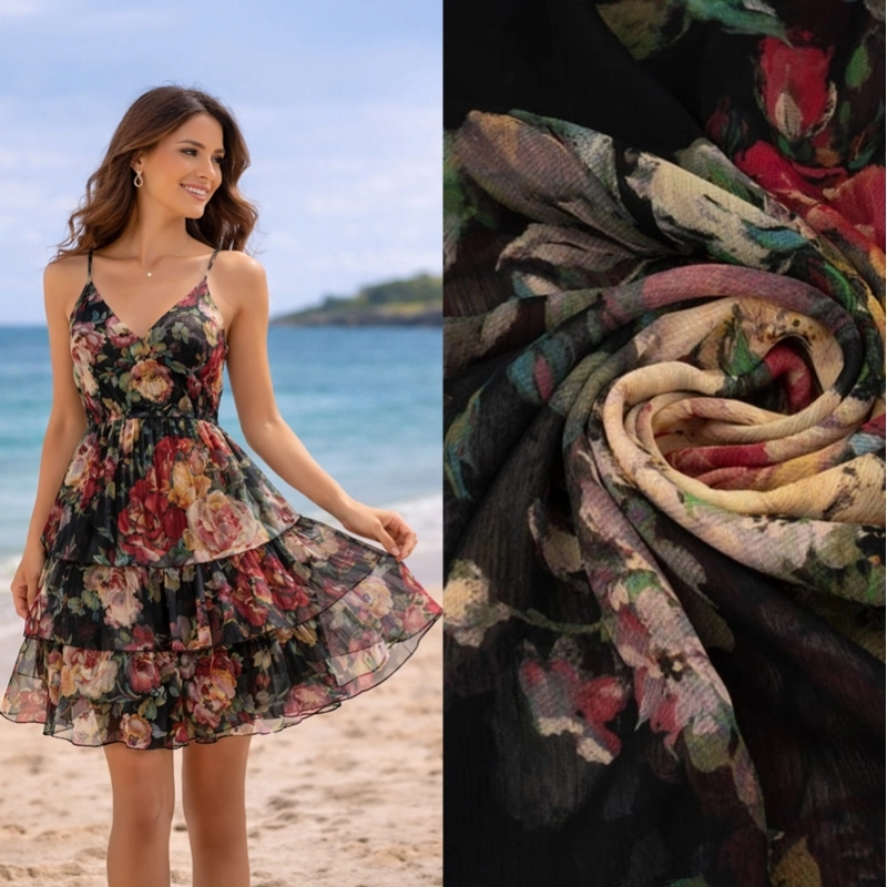 SZYD.132206 | Chiffon gemalte Blumen schwarz - 2