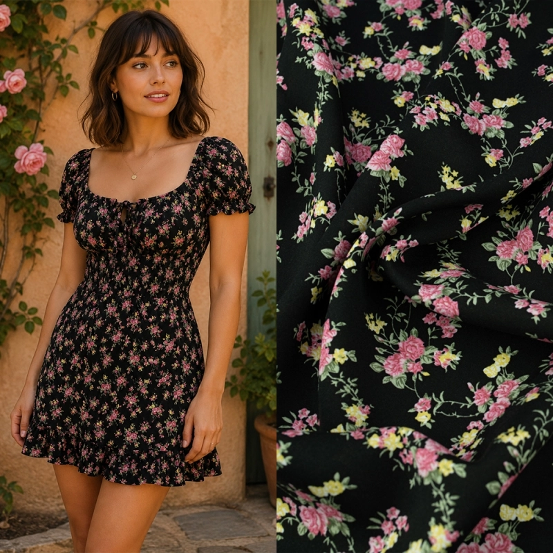 WIS711 | Viskosestoff mit Blumenmuster schwarz - 2