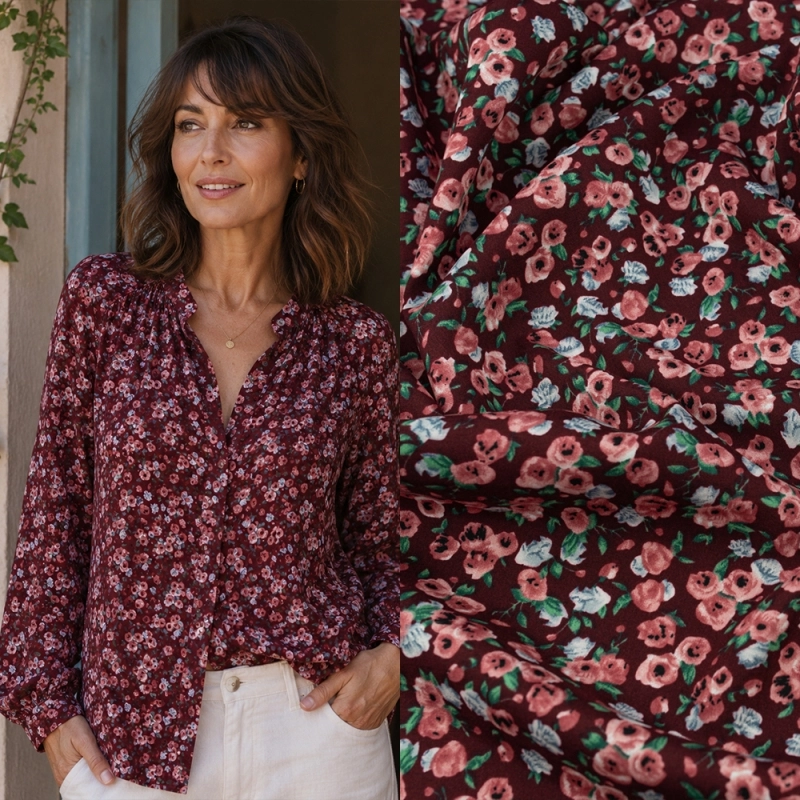 WIS714 | Viskosestoff mit Blumenmuster bordeauxrot - 2