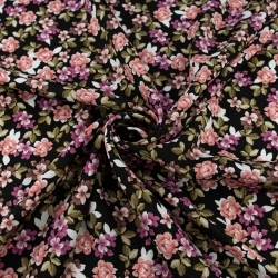 WIS717 | Schwarzer Viskosestoff mit rosa Blumen - 1