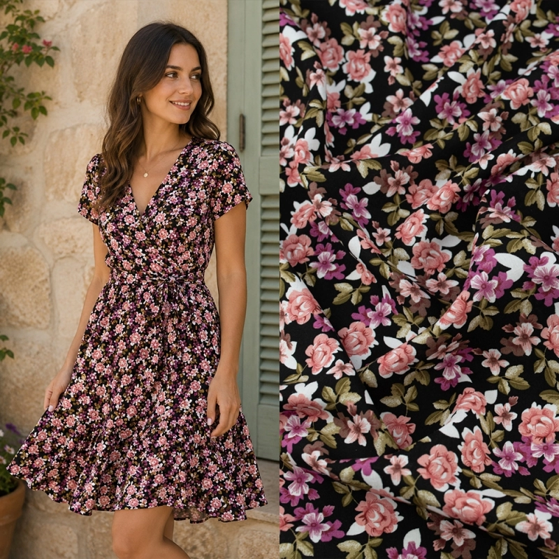 WIS717 | Schwarzer Viskosestoff mit rosa Blumen - 2