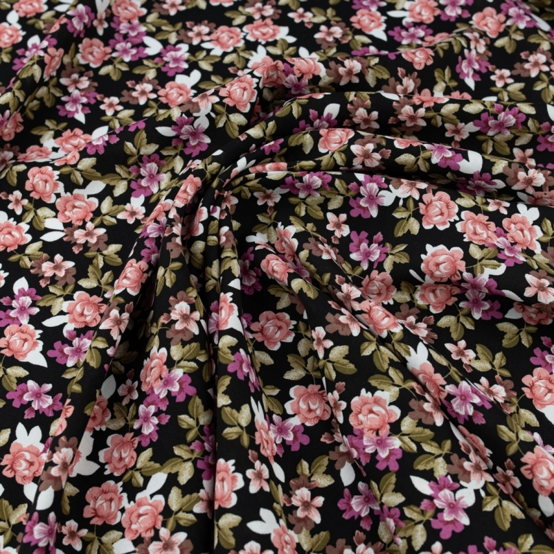 WIS717 | Schwarzer Viskosestoff mit rosa Blumen - 3