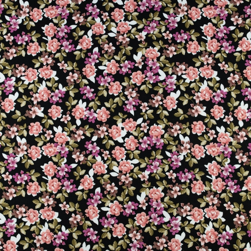 WIS717 | Schwarzer Viskosestoff mit rosa Blumen - 4