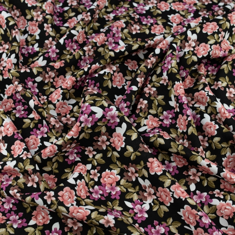 WIS717 | Schwarzer Viskosestoff mit rosa Blumen - 5