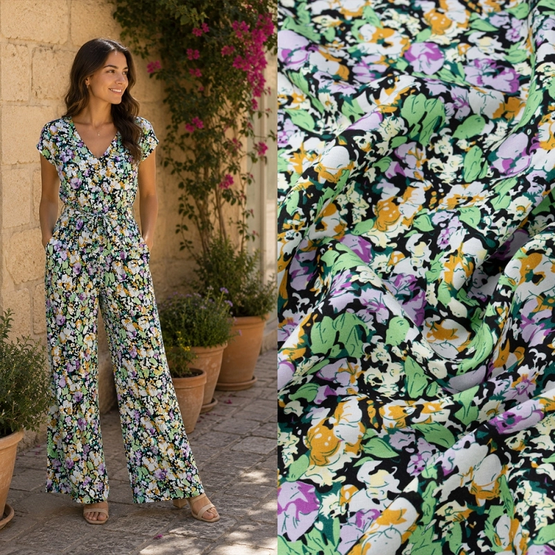 WIS724 | Schwarzer Viskosestoff mit Blumen - 2