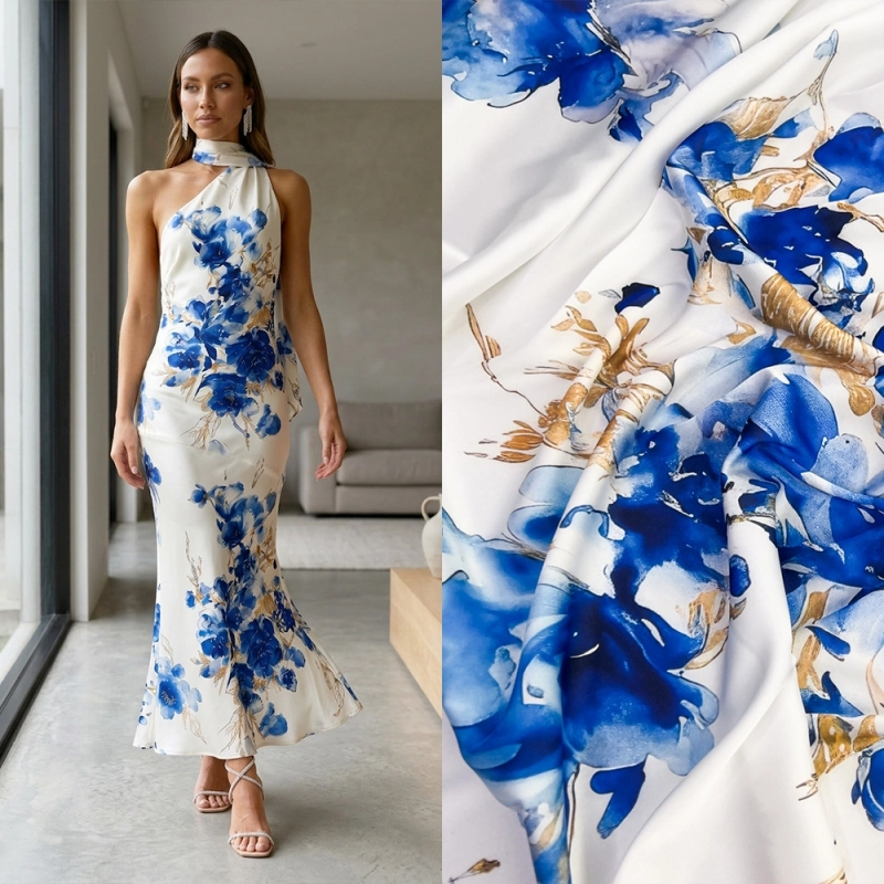SZJ.WM3442 | Seidenchiffon blaue Blumen weiß - 2
