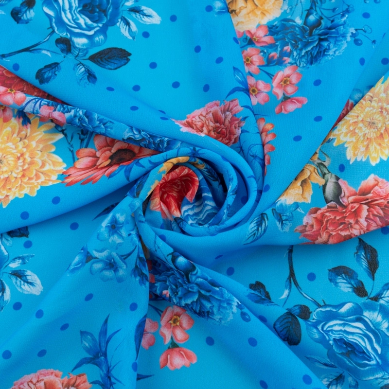 SZYD.ZS1040.11 | Chiffon Blumen und Punkte himmelblau - 1